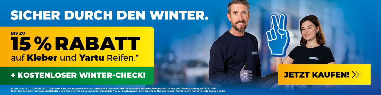 Bis zu 15 % Rabatt auf lagernde Kleber & Yartu Reifen + Urlaubcheck geschenkt
